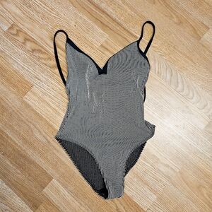 New One piece swimsuit gold black stripes - V neck - backless - French designer